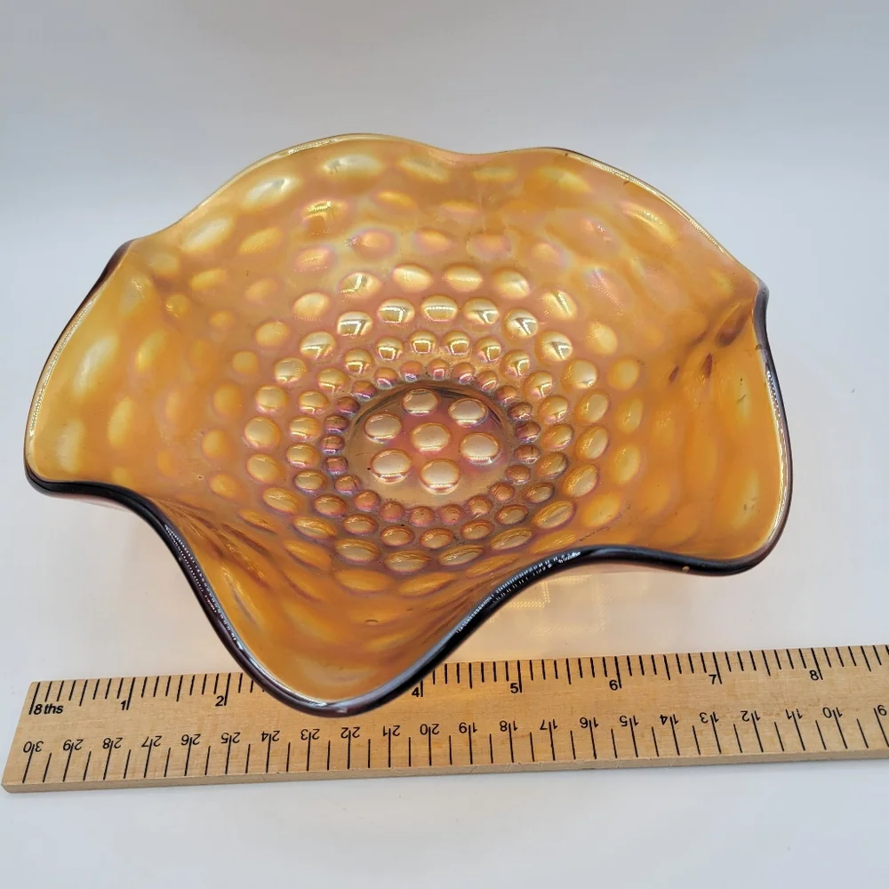 Vintage Fenton Carnival Glass Coin‎ Dot Ruffled Bowl Irredesent Collectible Gold